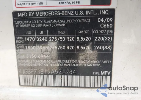 2009 Mercedes-Benz Gl 450 4Matic z USA, uszkodzony, nr VIN 4JGBF71E19A521984